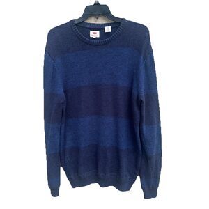 LEVI'S Mens Crew Neck Jumper Sweater L Navy Blue Striped Cotton